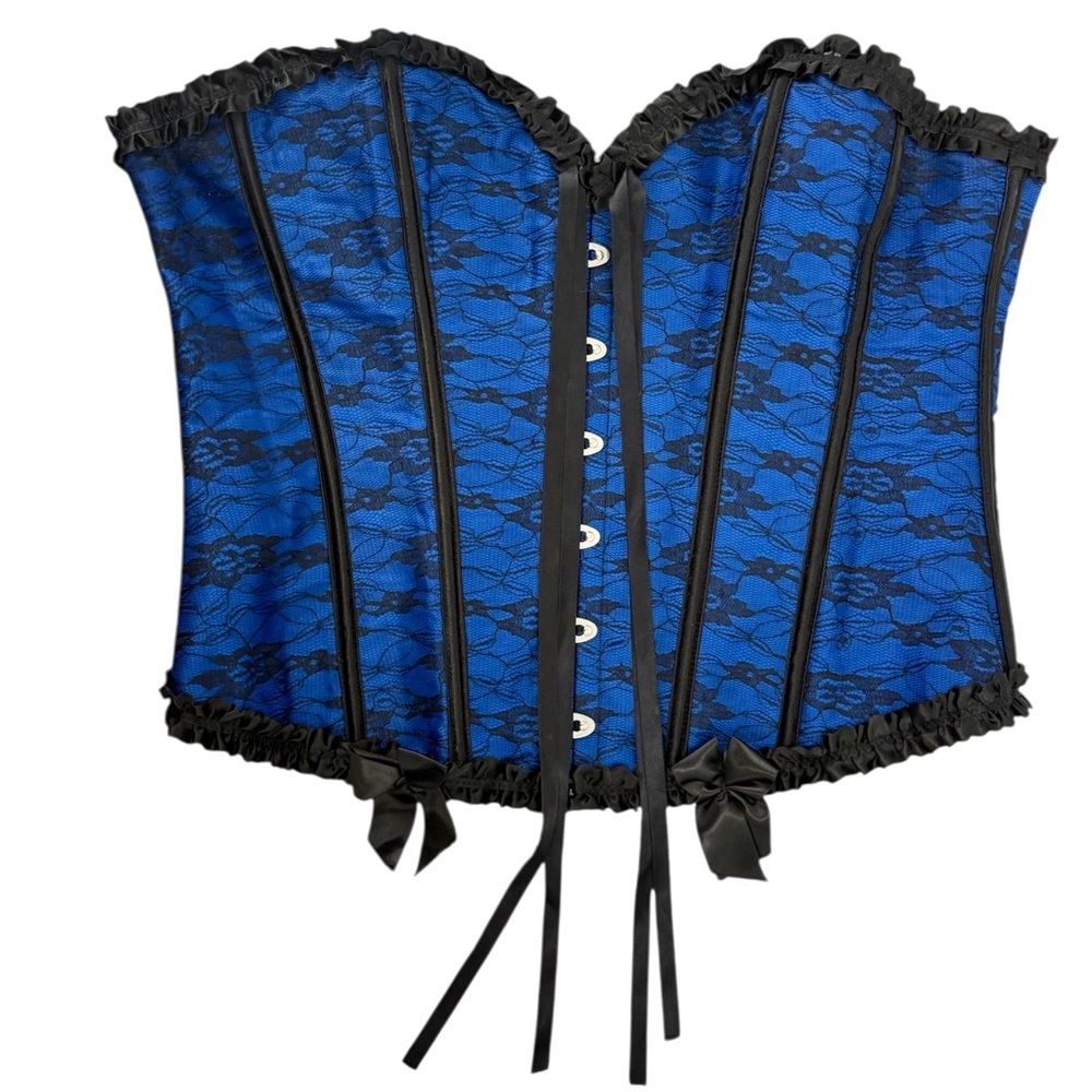 Royal Blue & Black Lace Overbust Corset Satin Ruffle Trim Goth Burlesque Bustier